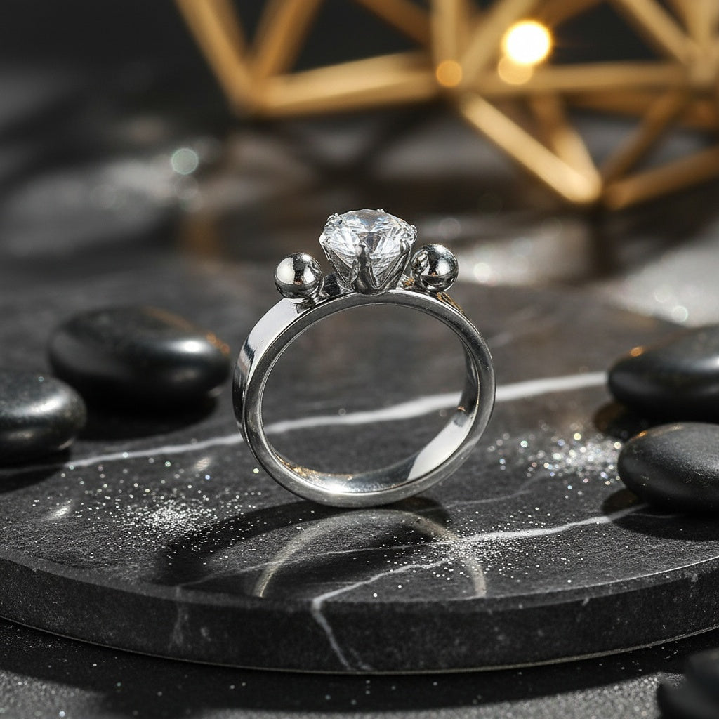 Inel cu piatră centrală și bile laterale Oțel Inoxidabil Argintiu - Hipoalergenic