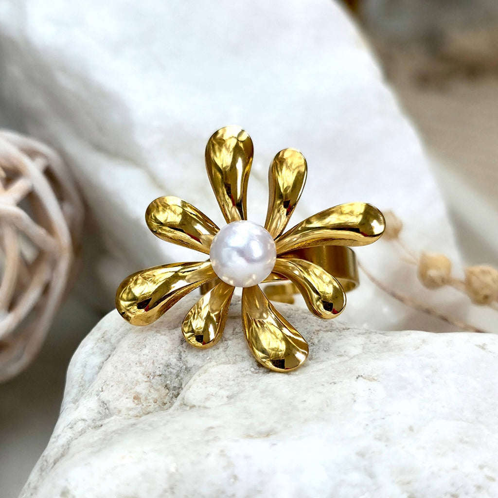 Inel Floare perlă centrală Oțel Inoxidabil Auriu - Hipoalergenic