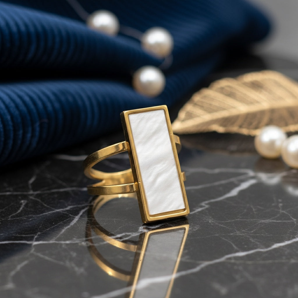 Inel Bara dreptunghiulară, sidef Oțel Inoxidabil Auriu - Hipoalergenic