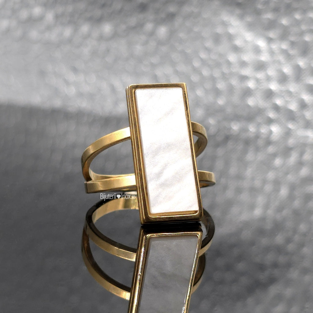 Inel Bara dreptunghiulară, sidef Oțel Inoxidabil Auriu - Hipoalergenic