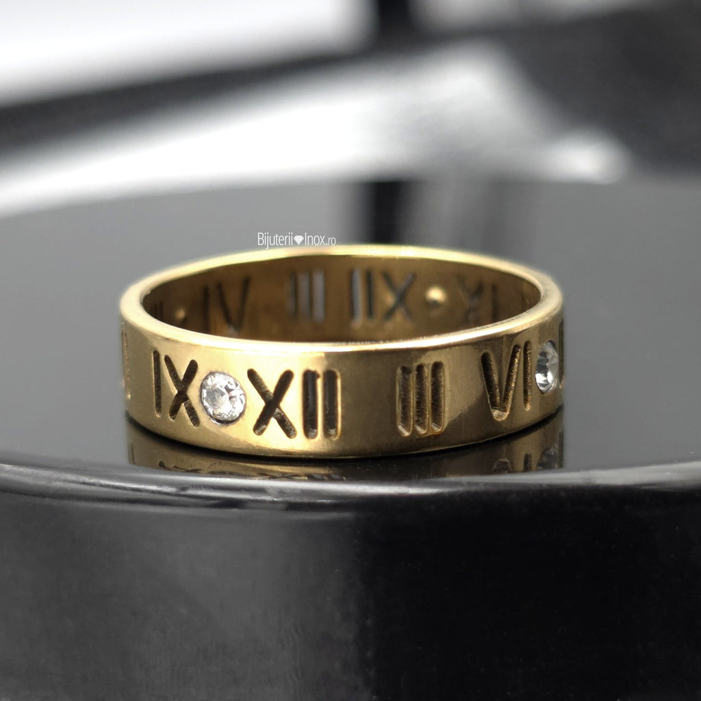 Inel Cifre romane, zirconiu Oțel Inoxidabil Auriu - Hipoalergenic