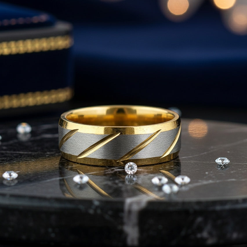 Inel bimetalic, model geometric Oțel Inoxidabil Auriu - Hipoalergenic