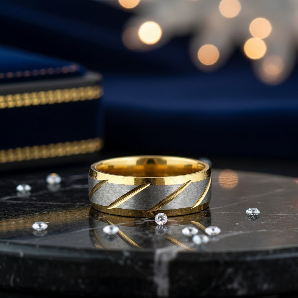 Inel bimetalic, model geometric Oțel Inoxidabil Auriu - Hipoalergenic