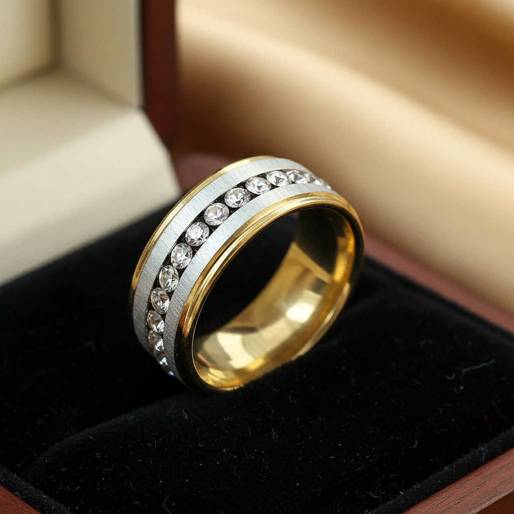 Inel bimetalic, diamante inserate Oțel Inoxidabil Auriu - Hipoalergenic