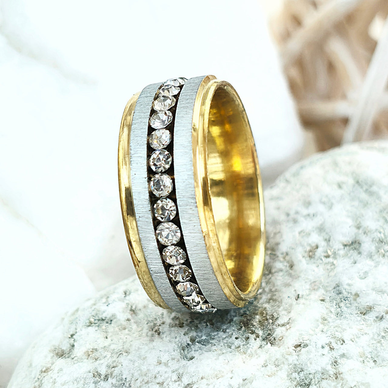 Inel bimetalic, diamante inserate Oțel Inoxidabil Auriu - Hipoalergenic