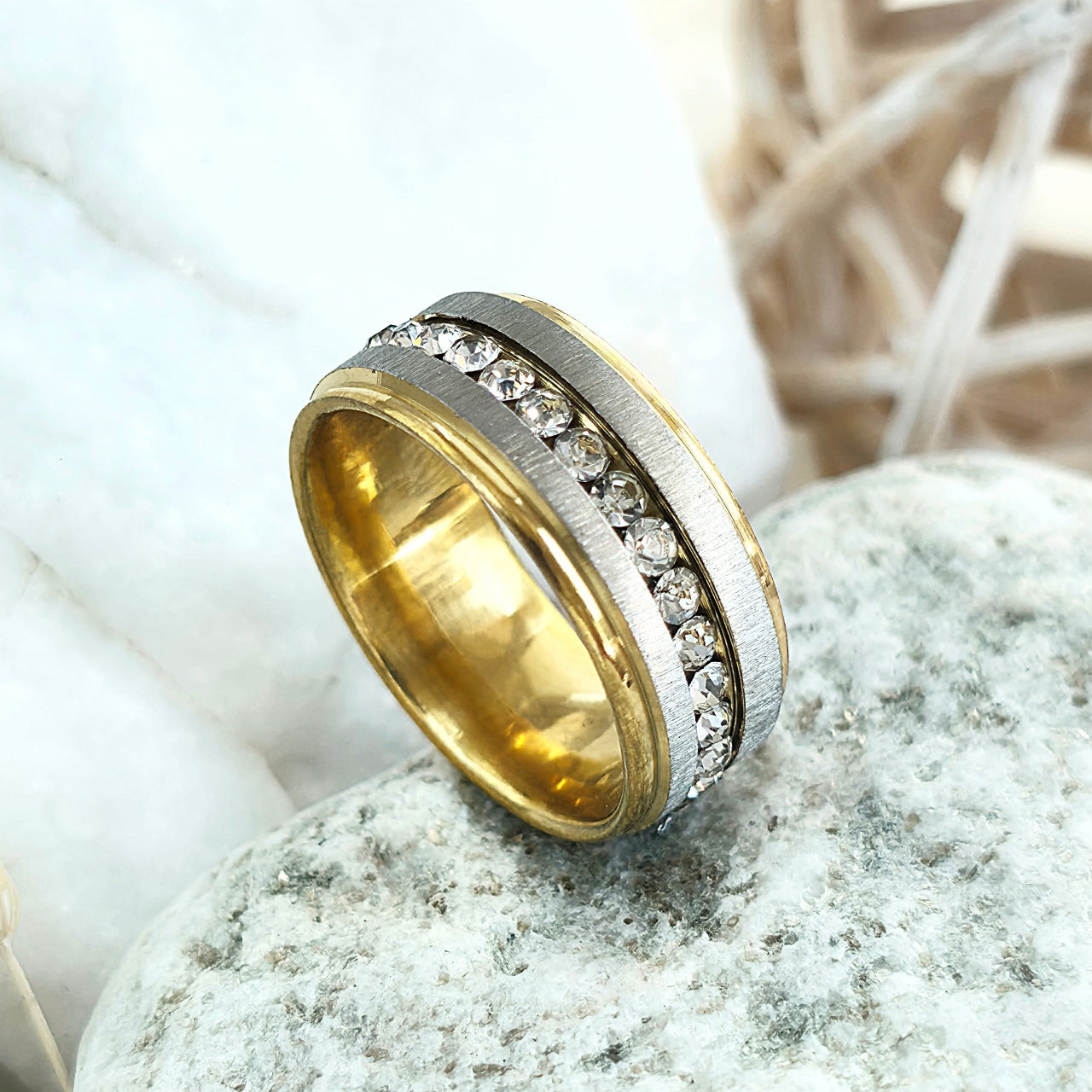 Inel bimetalic, diamante inserate Oțel Inoxidabil Auriu - Hipoalergenic