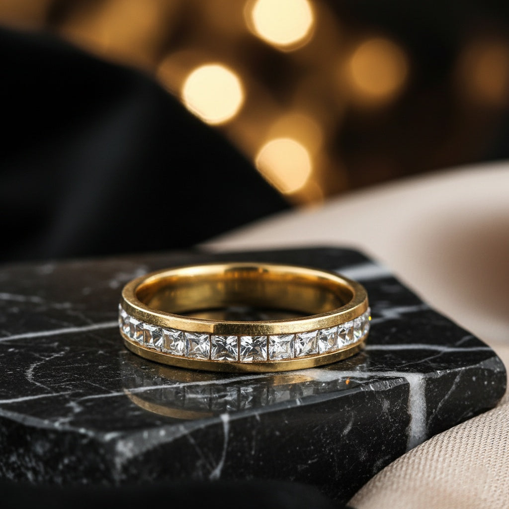 Inel Aur, diamante, pătrat, simplu Oțel Inoxidabil Auriu - Hipoalergenic