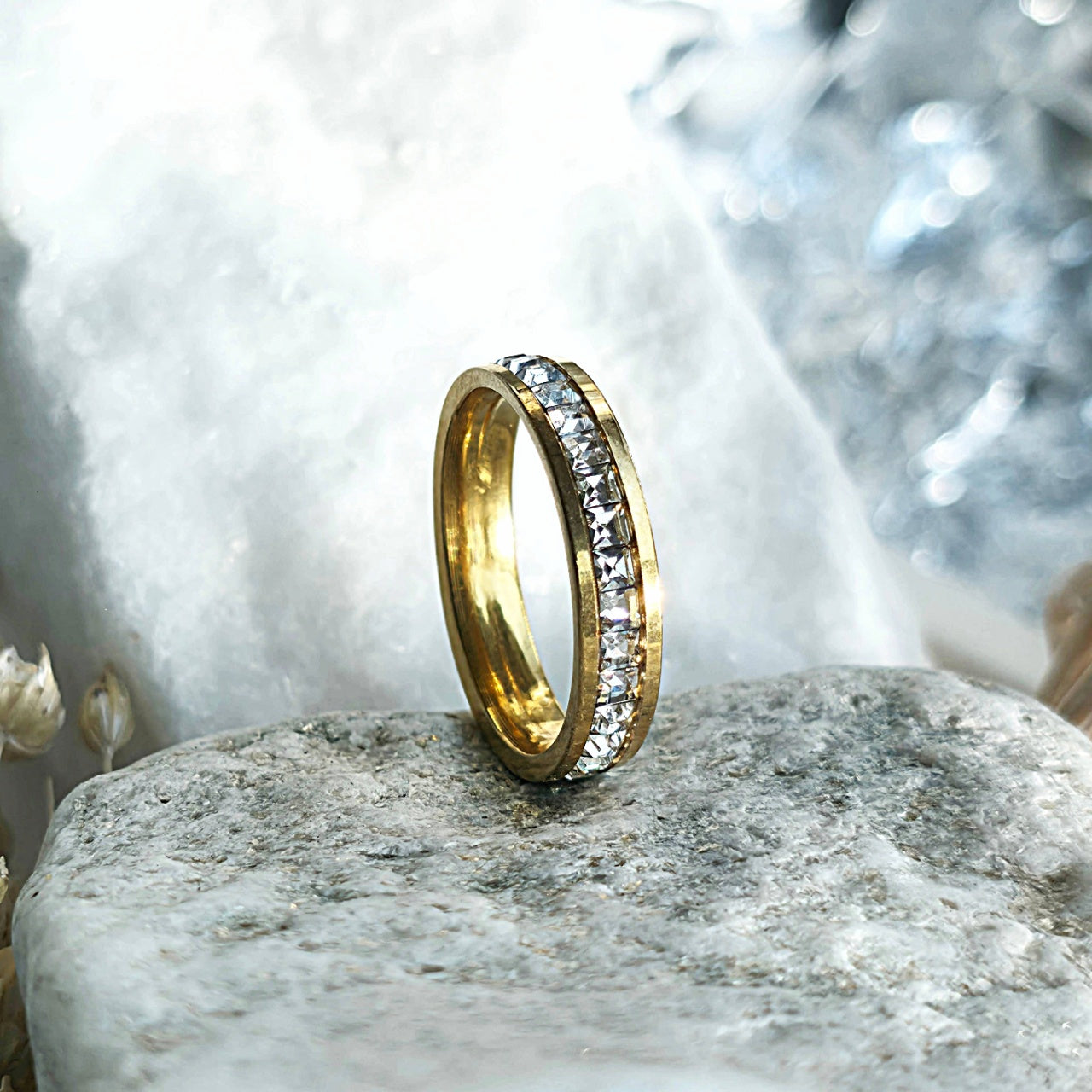 Inel Aur, diamante, pătrat, simplu Oțel Inoxidabil Auriu - Hipoalergenic