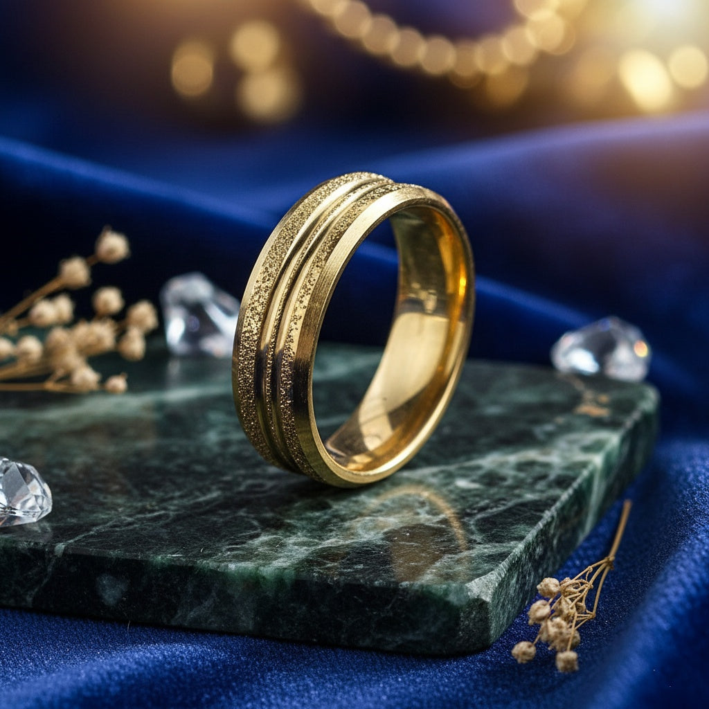 Inel Auriu, textură granuloasă, două benzi Oțel Inoxidabil Auriu - Hipoalergenic