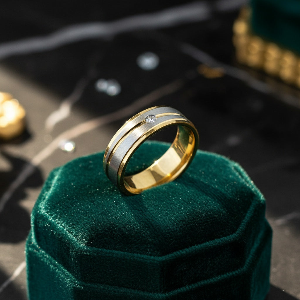 Inel bimetalic diamant central Oțel Inoxidabil Auriu - Hipoalergenic