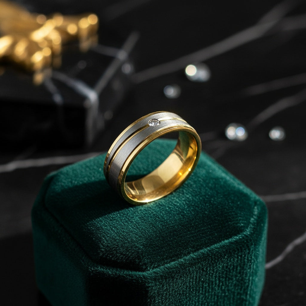 Inel bimetalic diamant central Oțel Inoxidabil Auriu - Hipoalergenic