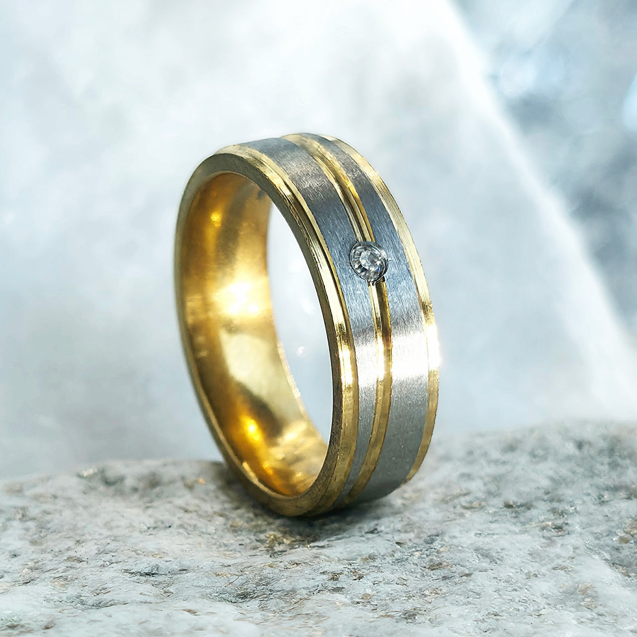 Inel bimetalic diamant central Oțel Inoxidabil Auriu - Hipoalergenic