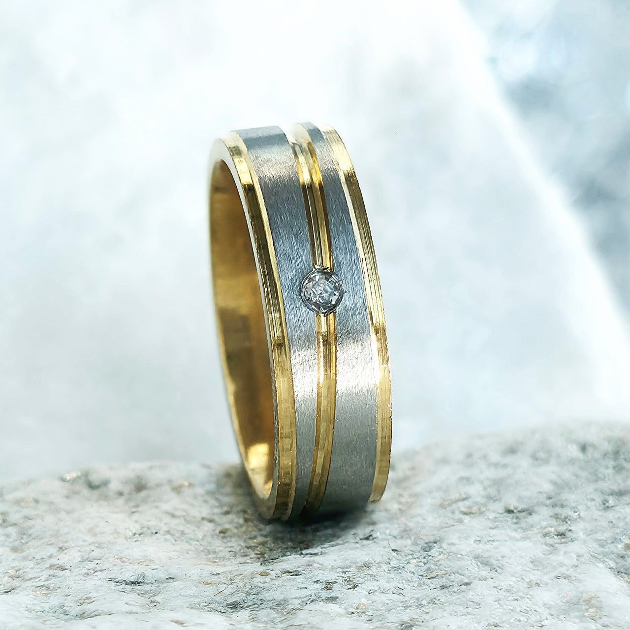 Inel bimetalic diamant central Oțel Inoxidabil Auriu - Hipoalergenic