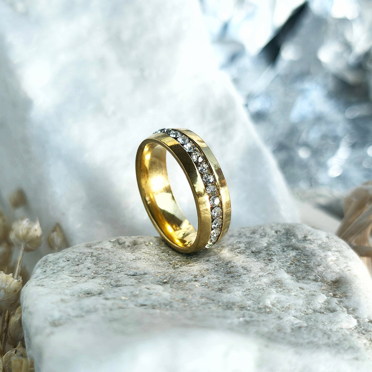 Inel Bandă aurie cu diamante Oțel Inoxidabil Auriu - Hipoalergenic