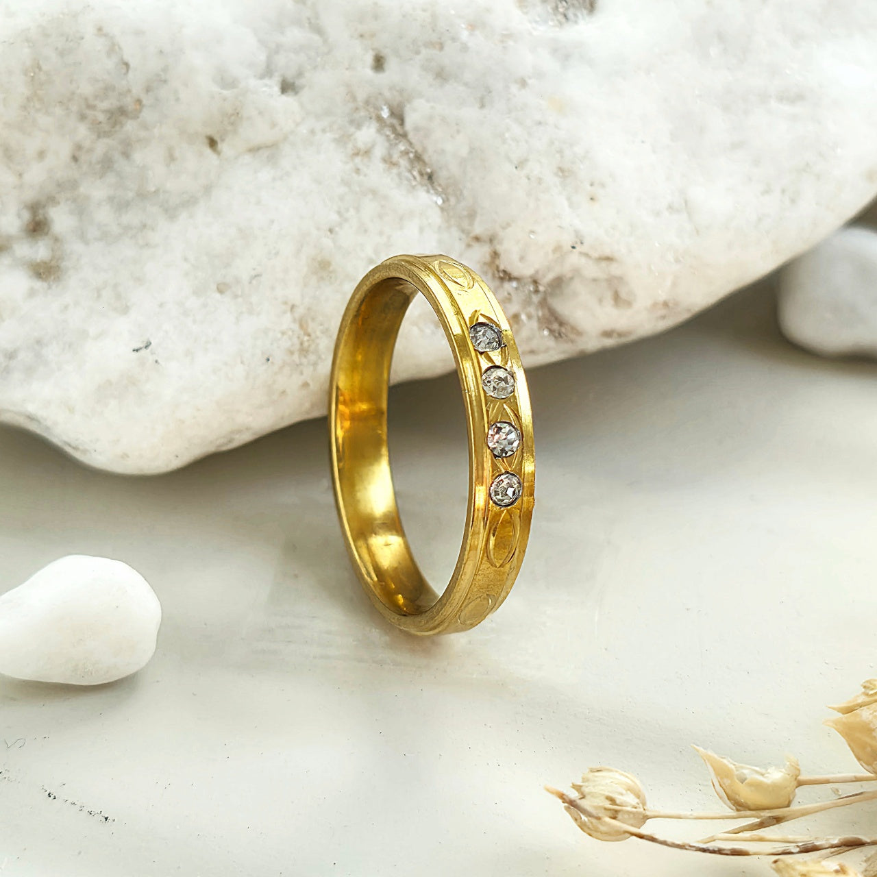 Inel Aur, diamante, gravură fină Oțel Inoxidabil Auriu - Hipoalergenic