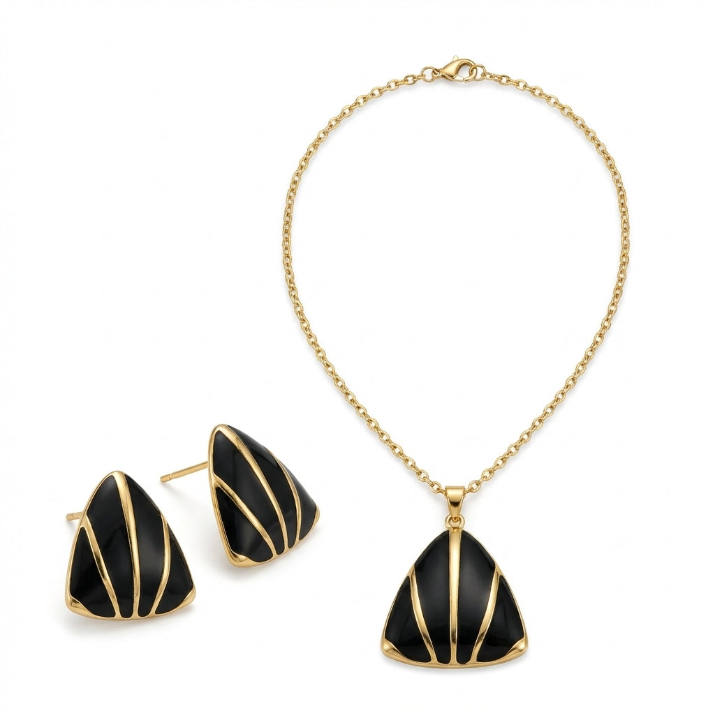 Set Lănțișor și Cercei Inox Auriu-Negru cu Pandantiv Triunghi - Statement - Hipoalergenic
