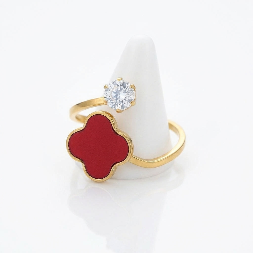 Inel Trifoi Alhambra roșu piatră rotundă cu Zirconiu Cubic Inox Bicolor Placat Aur 18K PVD - Hipoalergenic - IND1701