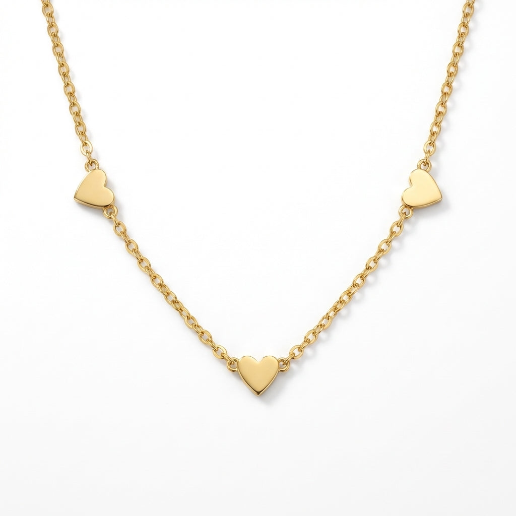Lănțișor Inox Auriu Station cu 3 Inimioare - Minimalist - Hipoalergenic