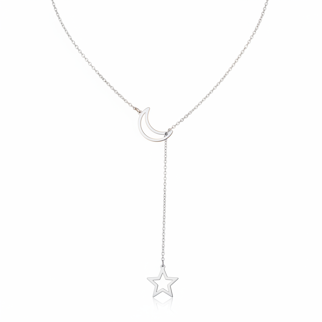 Lănțișor Inox Lariat cu Pandantiv Lună și Stea Argintiu - Minimalist - Hipoalergenic