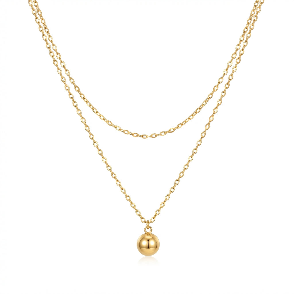 Set Lănțișor Inox Dublu Auriu cu Pandantiv Bilă - Minimalist - Hipoalergenic