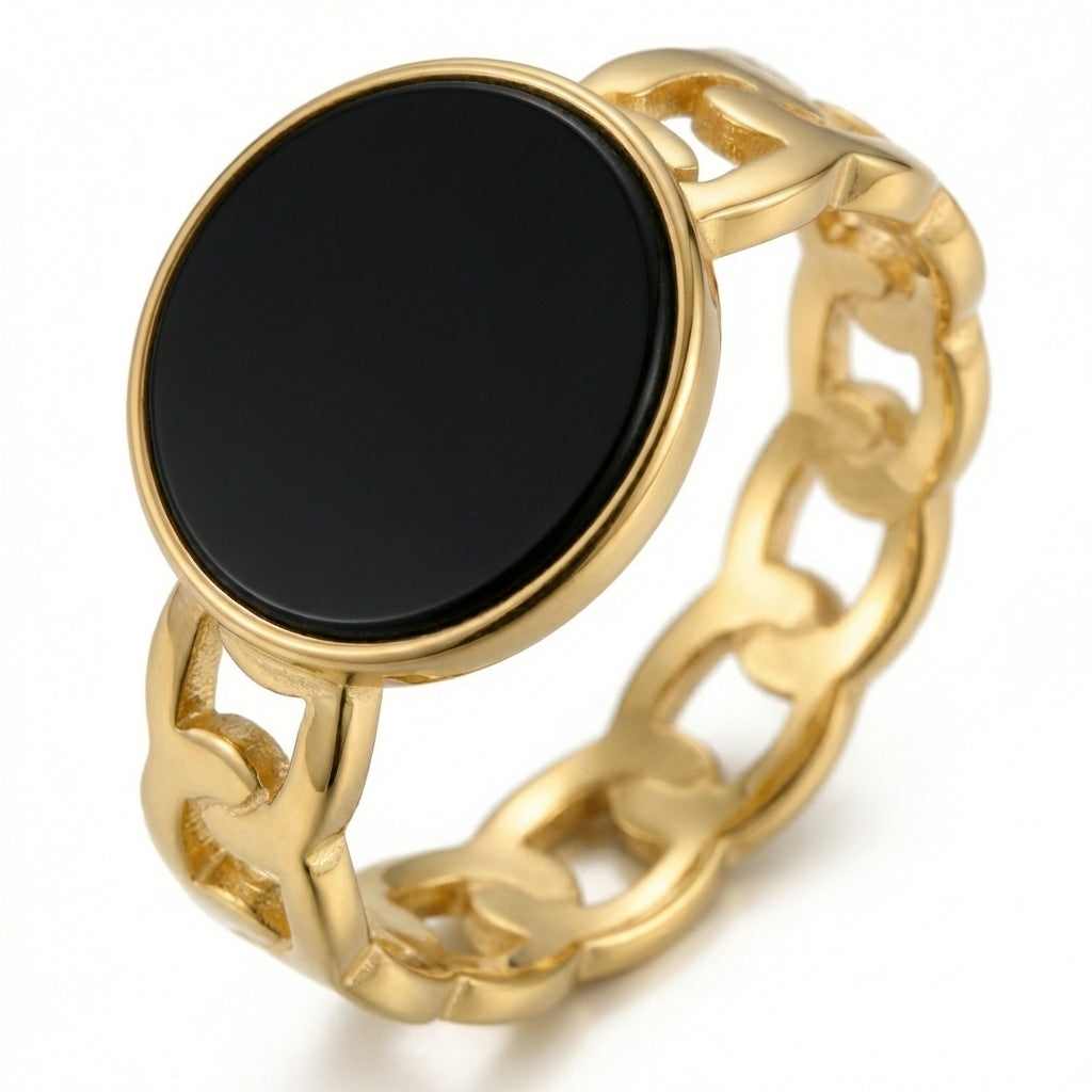 Inel Zale cu Disc Email Negru 10mm Oțel Inoxidabil Placat Aur 18K PVD - Hipoalergenic - IND1700
