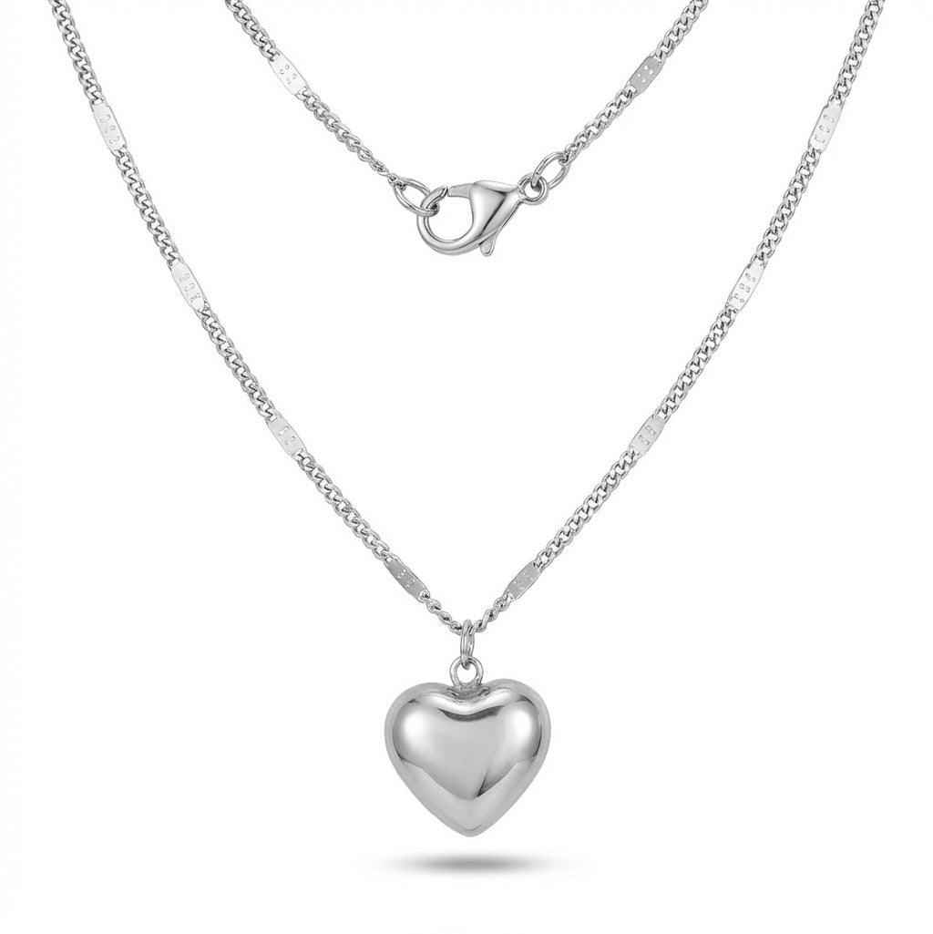 Lănțișor Inox Bar Chain Argintiu cu Pandantiv Inimă 3D - Romantic - Hipoalergenic