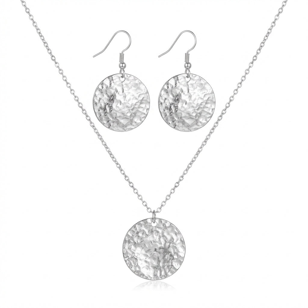 Set Lănțișor Inox Argintiu cu Disc Hammered și Cercei - Boho - Hipoalergenic