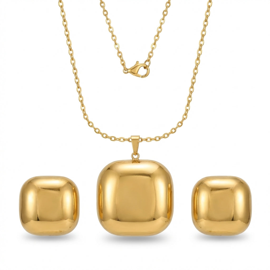 Set Lănțișor și Cercei Inox Auriu Pătrat Cushion Lucios - Minimalist - Hipoalergenic