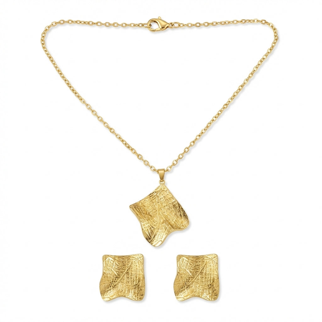 Set Lănțișor și Cercei Inox Auriu Pătrat Gravat Hașurat - Modern - Hipoalergenic