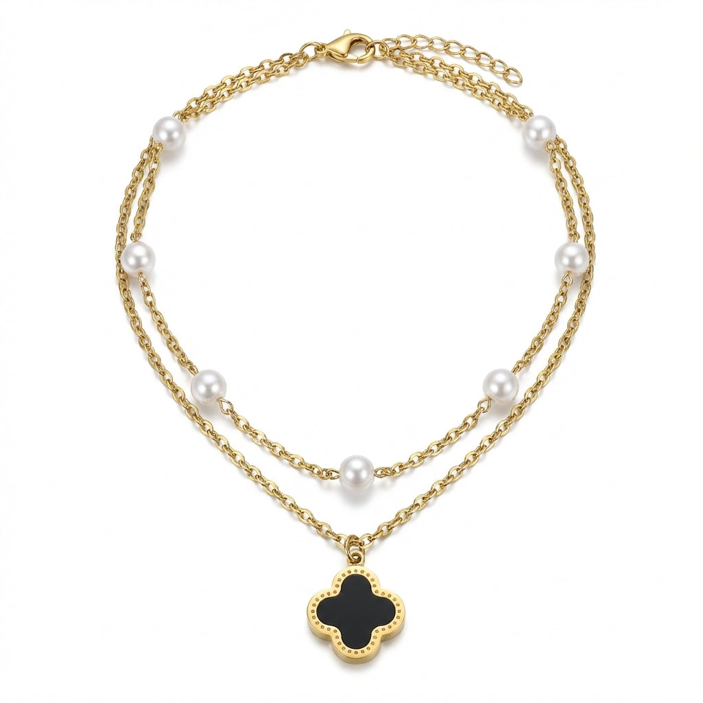 Lănțișor Inox Auriu Dublu Layered cu Perle și Pandantiv Trifoi Negru Alhambra - Elegant - Hipoalergenic