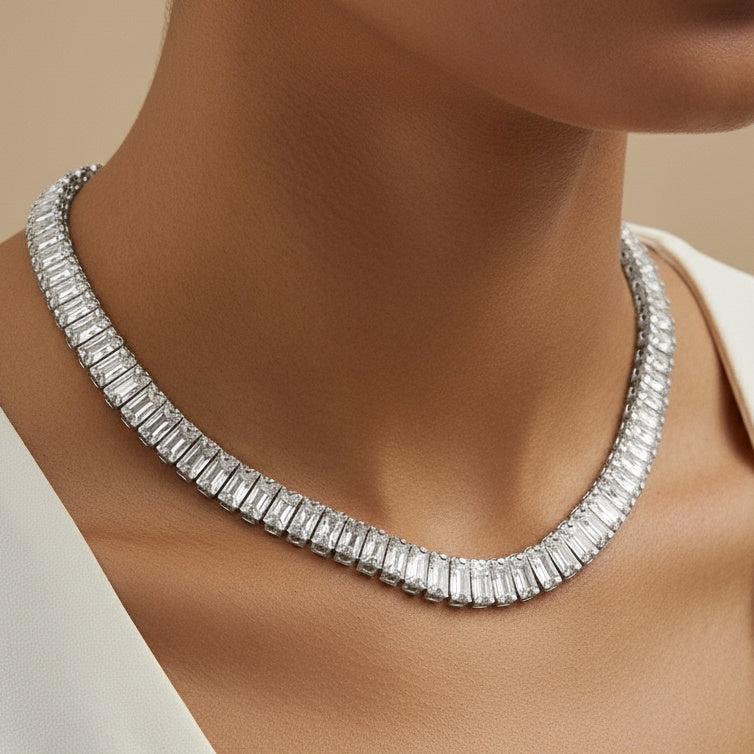 Colier Tennis Inox Argintiu Baguette 6mm cu Pandantiv Central - Glamour - Hipoalergenic