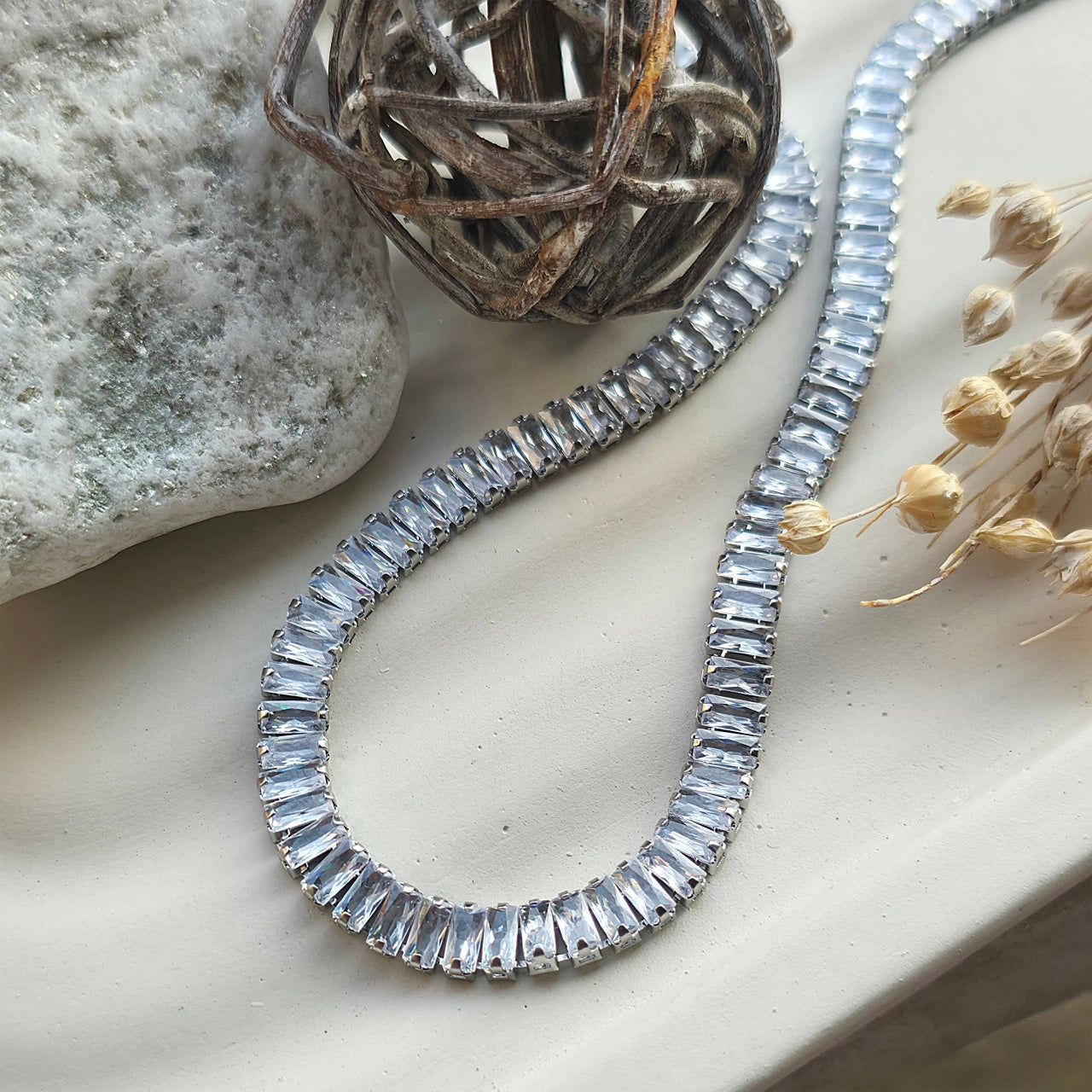 Colier Tennis Inox Argintiu Baguette 6mm cu Pandantiv Central - Glamour - Hipoalergenic