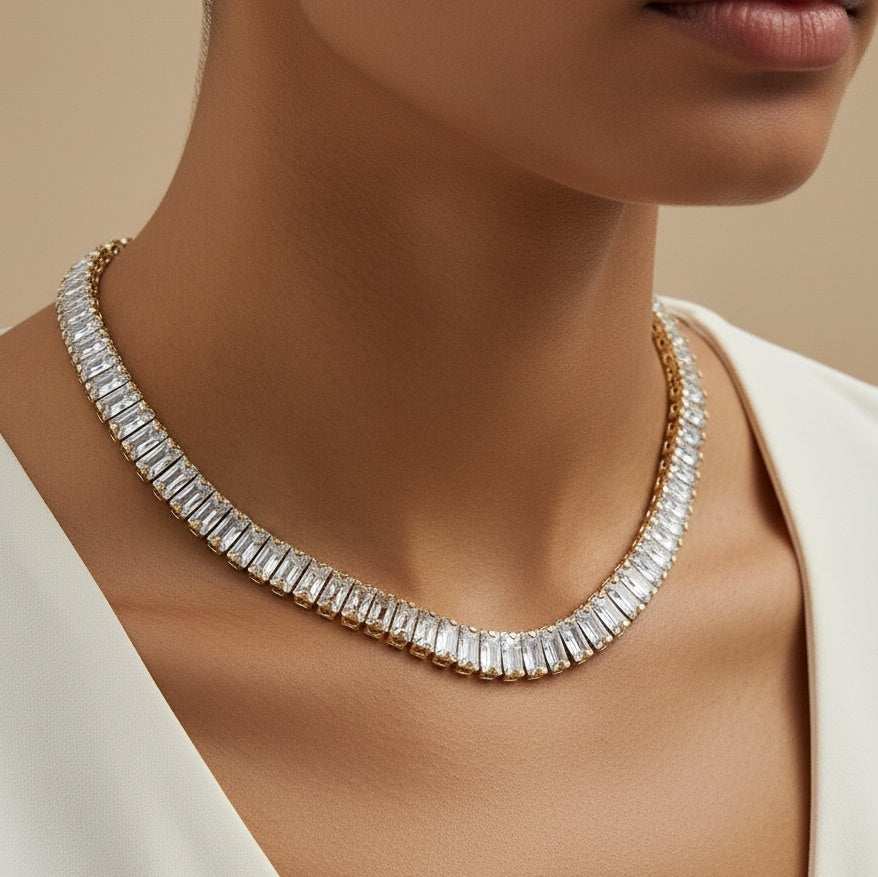 Colier Tennis Inox Auriu Baguette 6mm - Glamour - Hipoalergenic