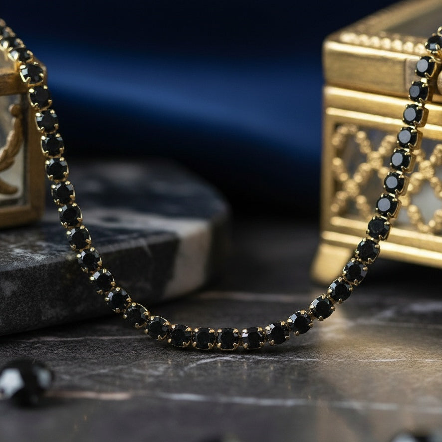 Colier Tennis Inox Auriu cu Pietre Negre 2mm - Elegant - Hipoalergenic