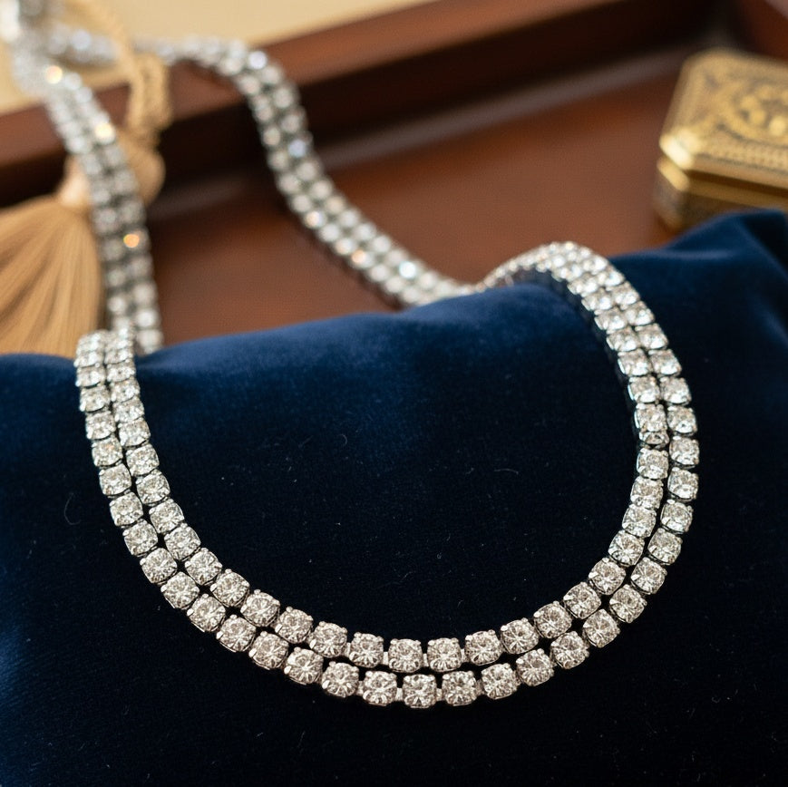 Colier Tennis Inox Argintiu Dublu cu Pandantiv Halo de Cristale - Elegant - Hipoalergenic