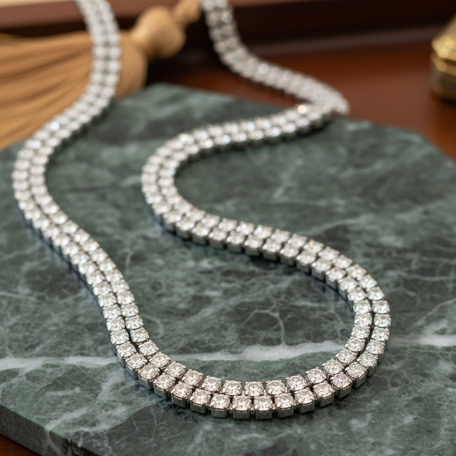 Colier Tennis Inox Argintiu Dublu cu Pandantiv Halo de Cristale - Elegant - Hipoalergenic