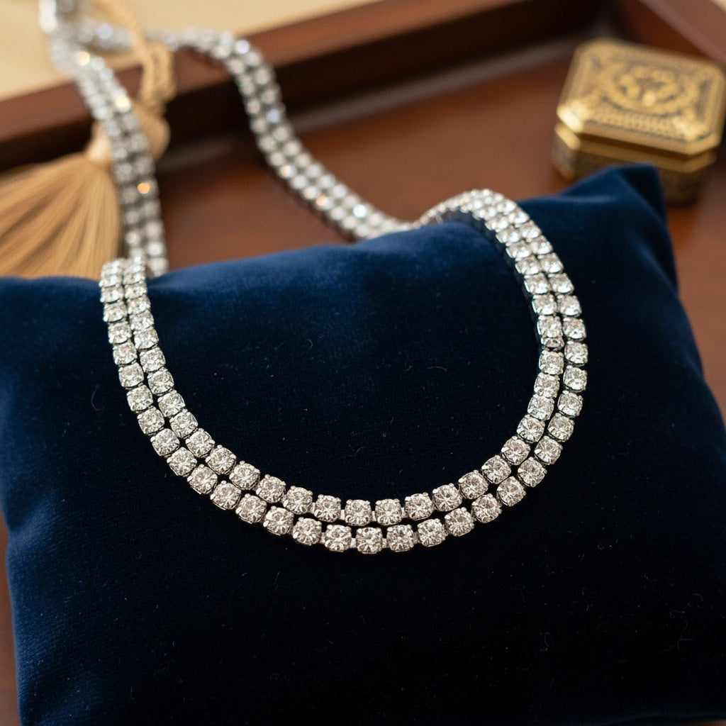 Colier Tennis Inox Argintiu Dublu cu Pandantiv Halo de Cristale - Elegant - Hipoalergenic