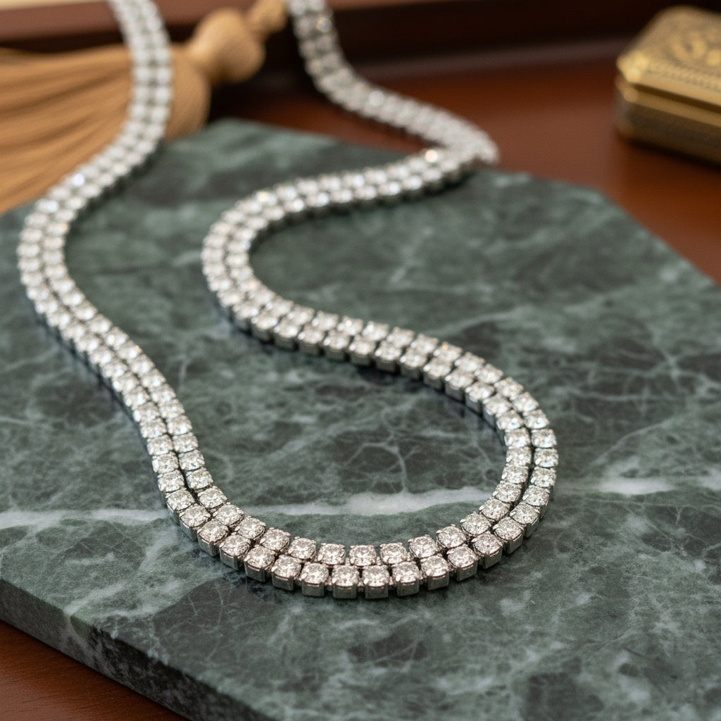 Colier Tennis Inox Argintiu Dublu cu Pandantiv Halo de Cristale - Elegant - Hipoalergenic