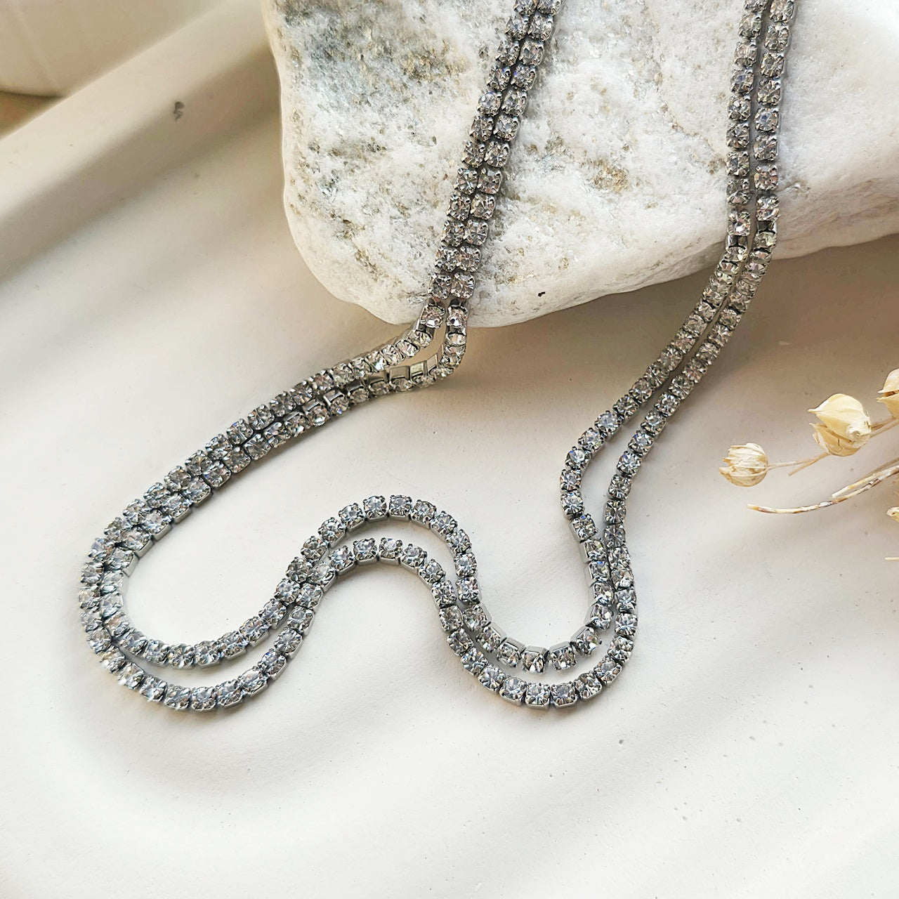 Colier Tennis Inox Argintiu Dublu cu Pandantiv Halo de Cristale - Elegant - Hipoalergenic