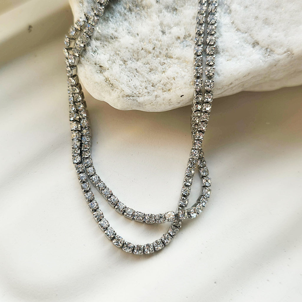 Colier Tennis Inox Argintiu Dublu cu Pandantiv Halo de Cristale - Elegant - Hipoalergenic