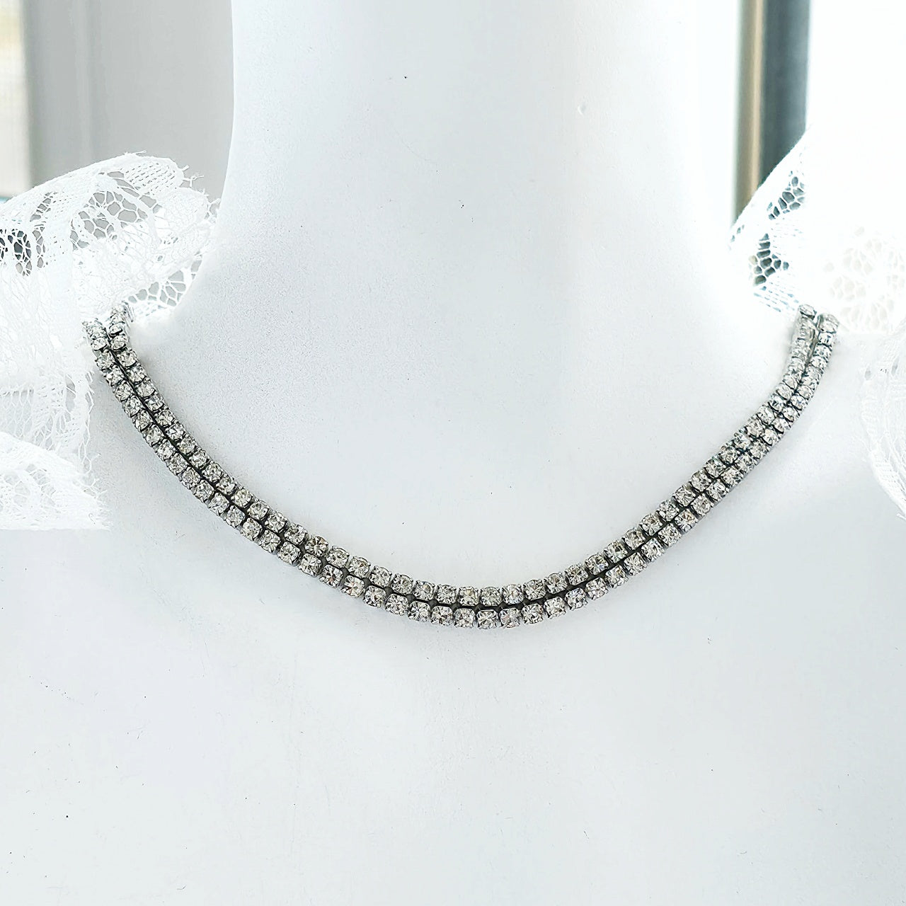 Colier Tennis Inox Argintiu Dublu cu Pandantiv Halo de Cristale - Elegant - Hipoalergenic