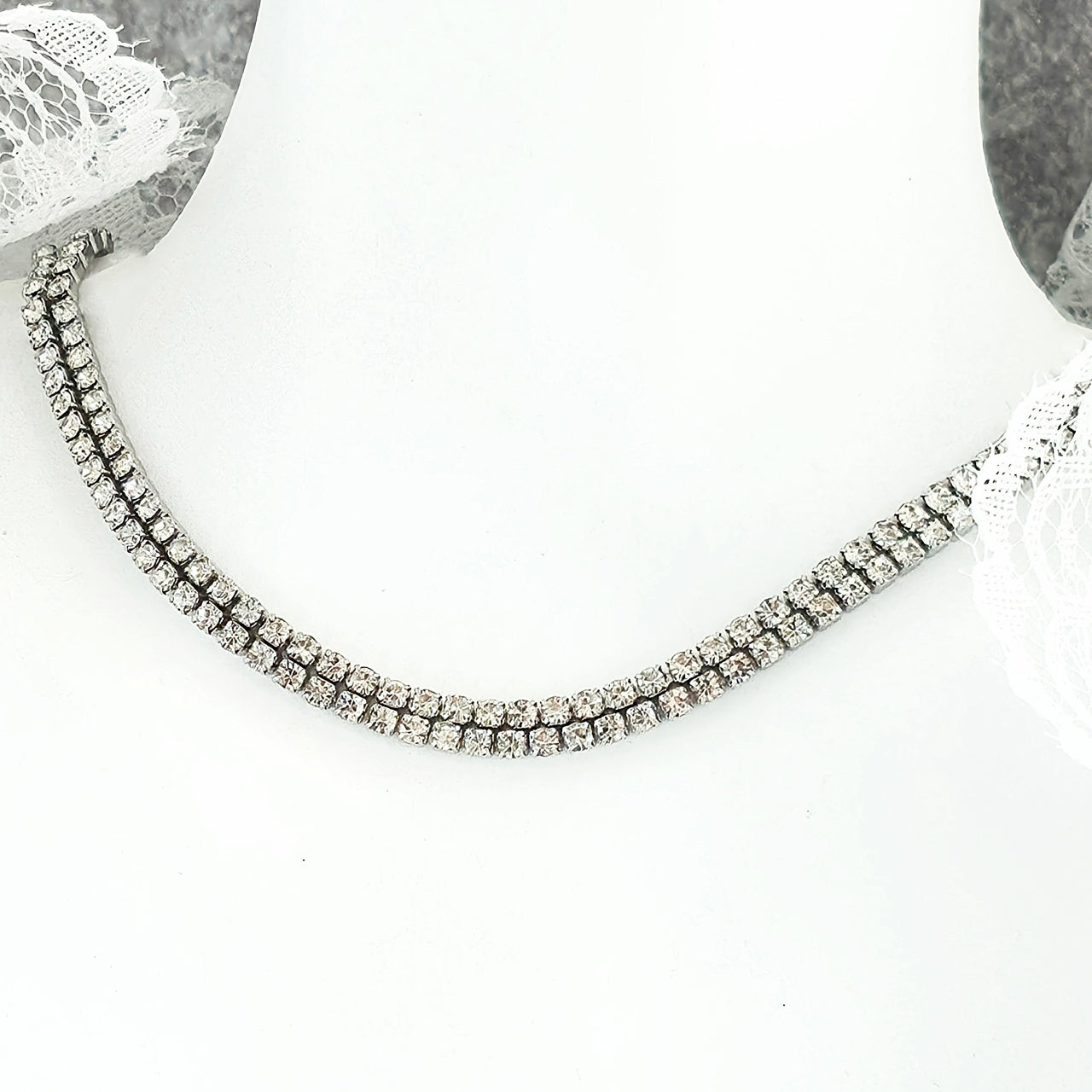 Colier Tennis Inox Argintiu Dublu cu Pandantiv Halo de Cristale - Elegant - Hipoalergenic