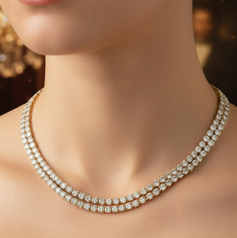 Colier Tennis Inox Auriu Dublu 2×2mm cu Cristale - Luxos - Hipoalergenic