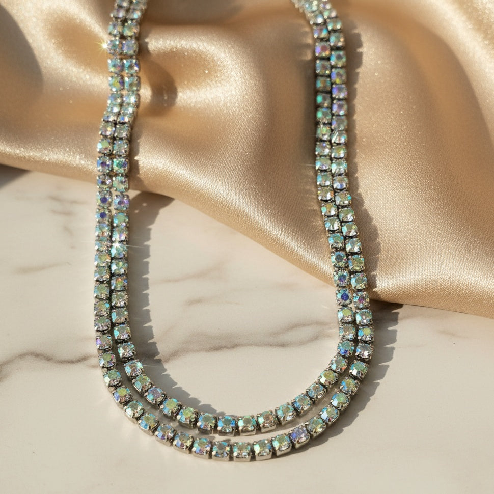 Colier Tennis Inox Argintiu Dublu cu Pietre Cameleon Aurora Borealis - Glamour - Hipoalergenic