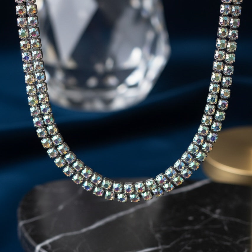 Colier Tennis Inox Argintiu Dublu cu Pietre Cameleon Aurora Borealis - Glamour - Hipoalergenic