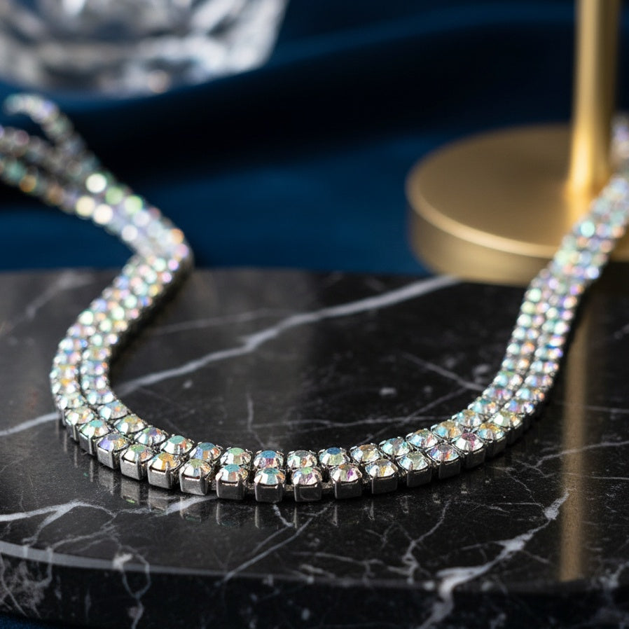 Colier Tennis Inox Argintiu Dublu cu Pietre Cameleon Aurora Borealis - Glamour - Hipoalergenic