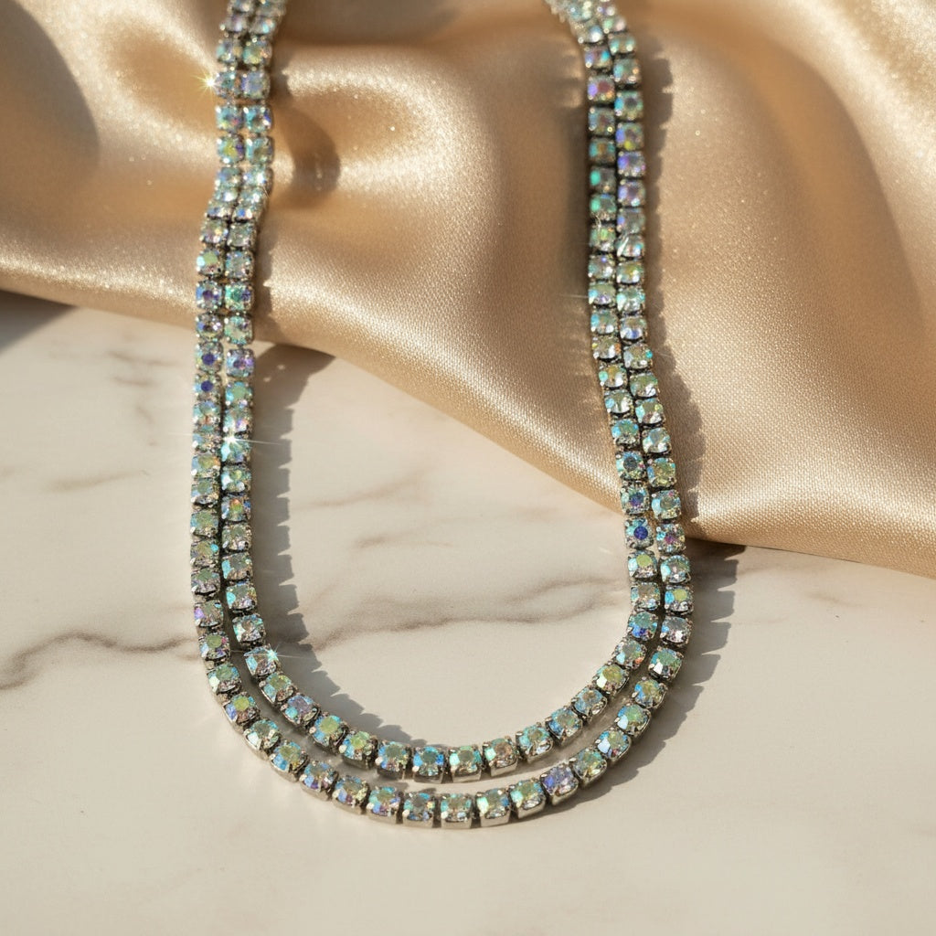 Colier Tennis Inox Argintiu Dublu cu Pietre Cameleon Aurora Borealis - Glamour - Hipoalergenic