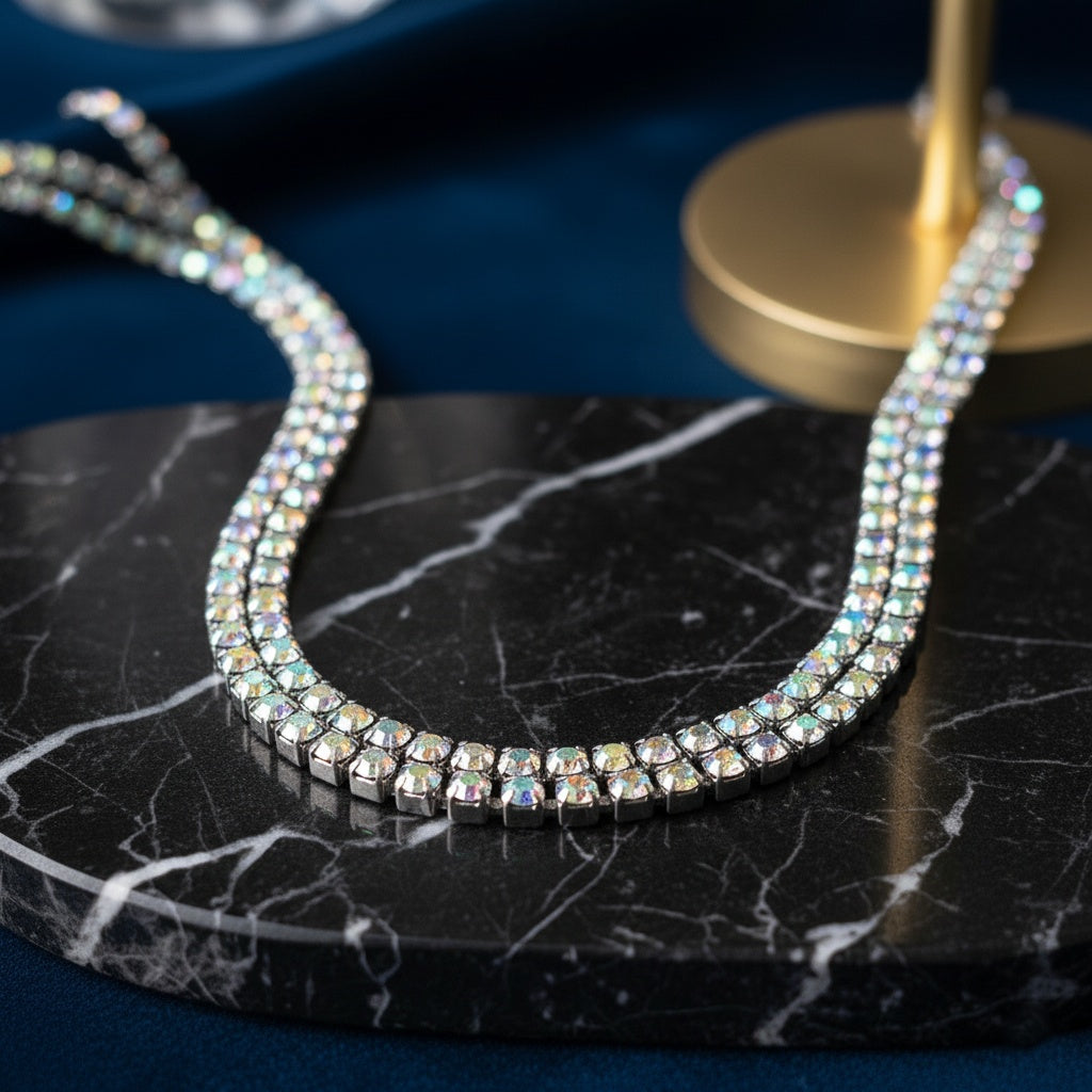 Colier Tennis Inox Argintiu Dublu cu Pietre Cameleon Aurora Borealis - Glamour - Hipoalergenic