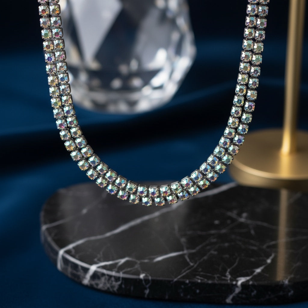 Colier Tennis Inox Argintiu Dublu cu Pietre Cameleon Aurora Borealis - Glamour - Hipoalergenic