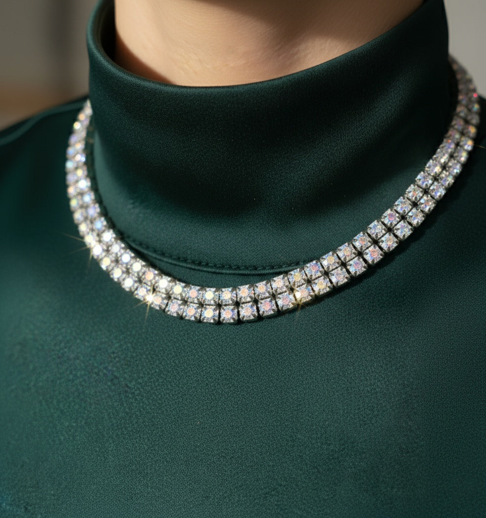 Colier Tennis Inox Argintiu Dublu cu Pietre Cameleon Aurora Borealis - Glamour - Hipoalergenic